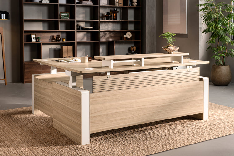 Heller Walnussbaum Vernal L-förmiger Höhenverstellbarer Chefschreibtisch Rechts Mit Paneel-6