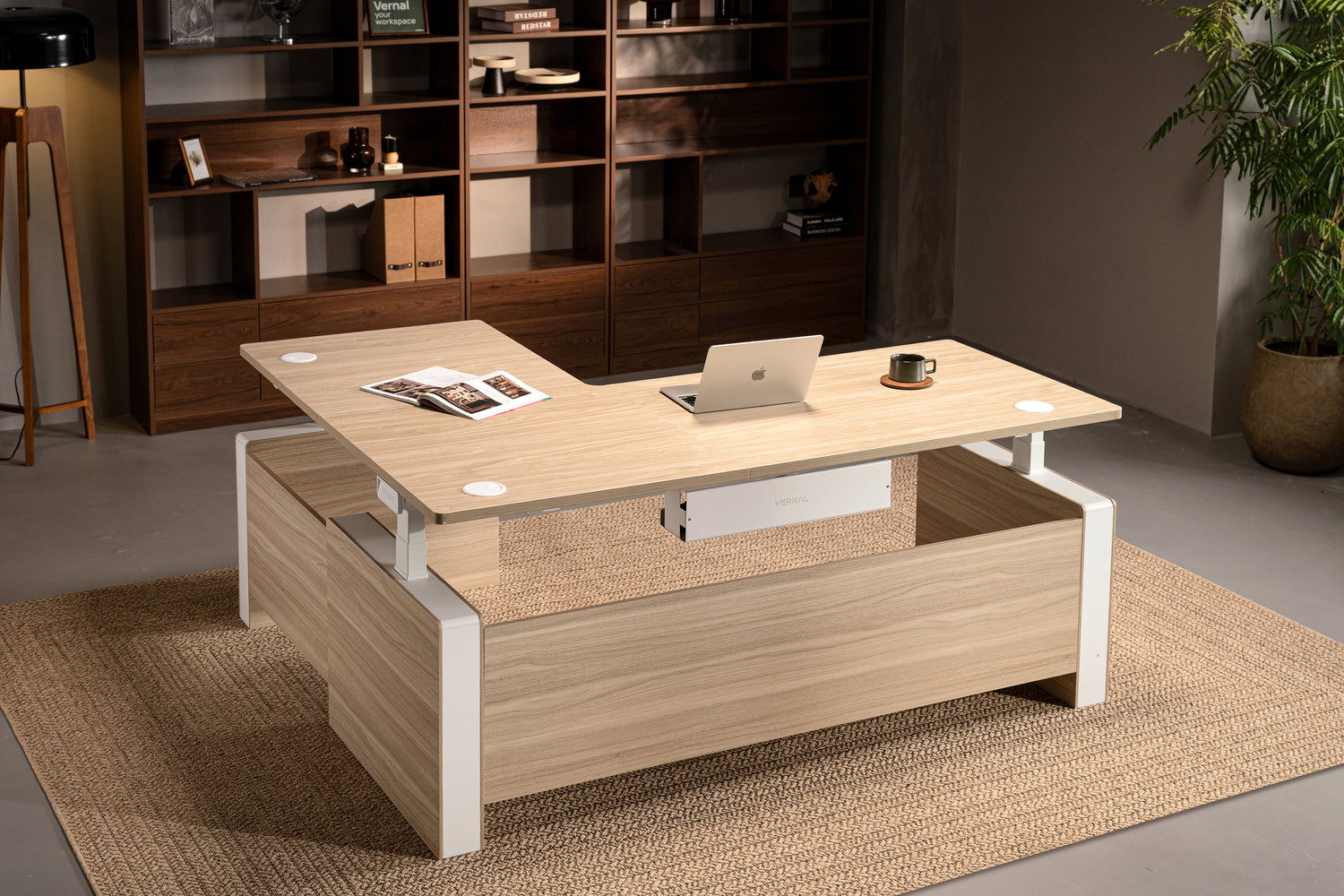 Heller Walnussbaum Vernal L-förmiger Höhenverstellbarer Chefschreibtisch Rechts Ohne Paneel-2