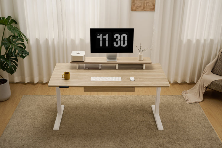 Helles Walnussholz höhenverstellbarer Schreibtisch Weiß Gestell-1