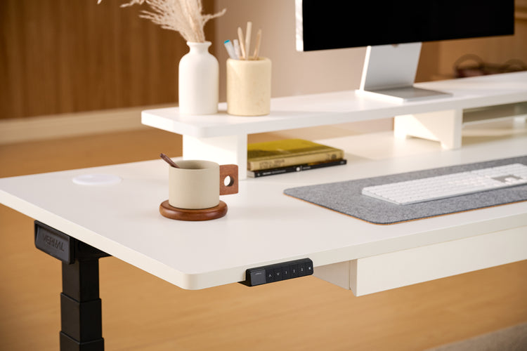 Weiß L-förmige Höhenverstellbarer Eckschreibtisch Schwarz Gestell-1