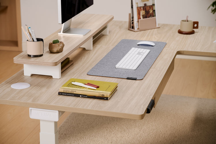 Helles Walnussholz L-förmige Höhenverstellbarer Eckschreibtisch Weiß Gestell-2