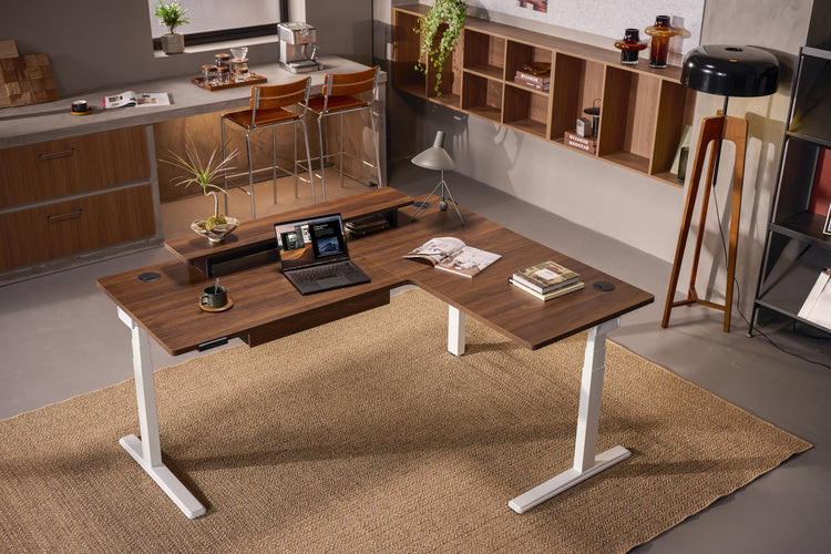 Walnussholz L-förmige Höhenverstellbarer Eckschreibtisch Weiß Gestell -1